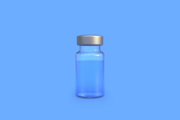 Transparent glass bottle for coronavirus vaccine and other viruses on a blue background 3D render