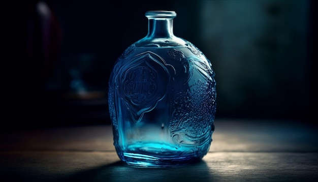 Прозрачная стеклянная бутылка отражает свежесть голубой жидкости, созданную искусственным интеллектом