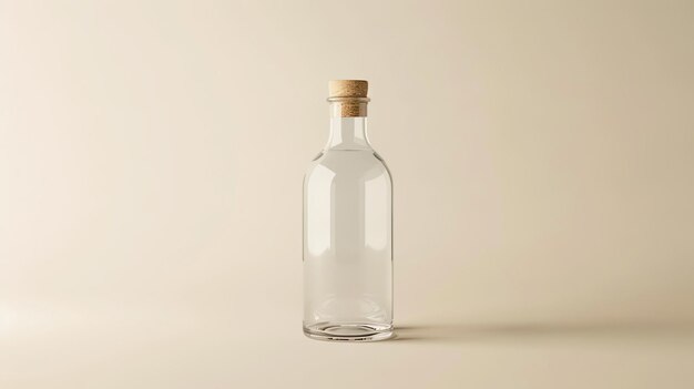 Transparent glass bottle with cork stopper Isolated on beige background 3D rendering