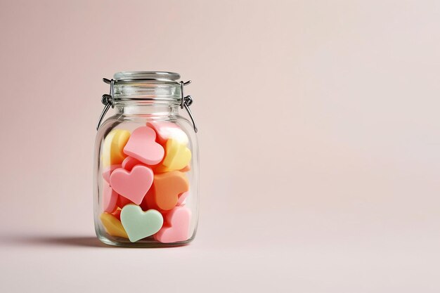 Transparent glass bottle with heart shaped pills Colorful candies as hearts in a glass jar Valentines Day greeting card Love addiction concept healthcare and medicine heart disease drugs