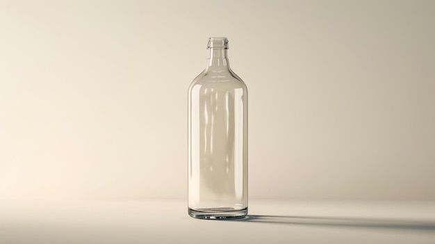 Transparent glass bottle with a metal cap The bottle is empty and is standing on a white surface The background is a pale yellow color