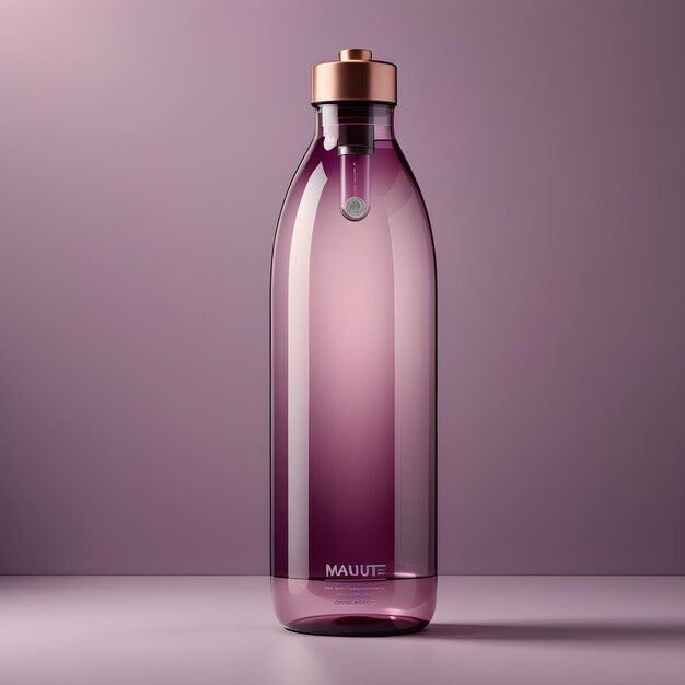 Photo transparent glass bottle with pink liquid on a purple background