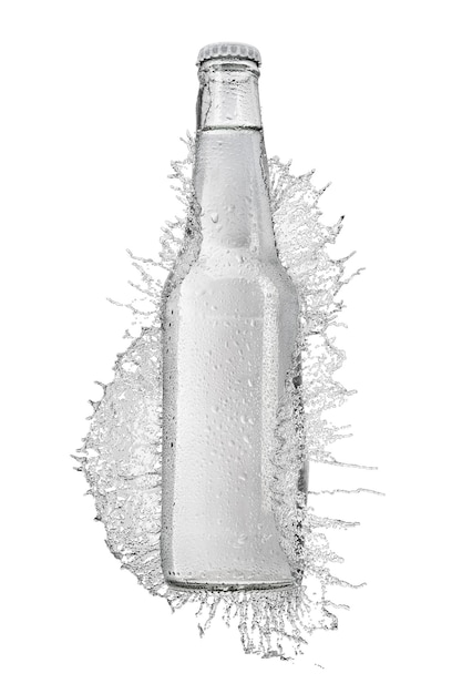 Photo transparent glass bottle without label with still water in splash isolated on white background