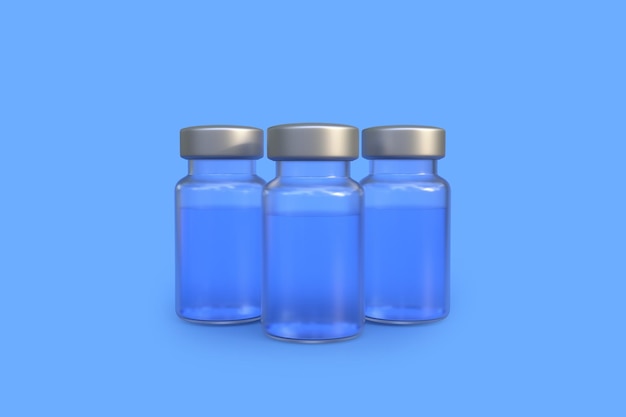 Transparent glass bottles for Covid19 coronavirus vaccine and other viruses on a blue background 3D