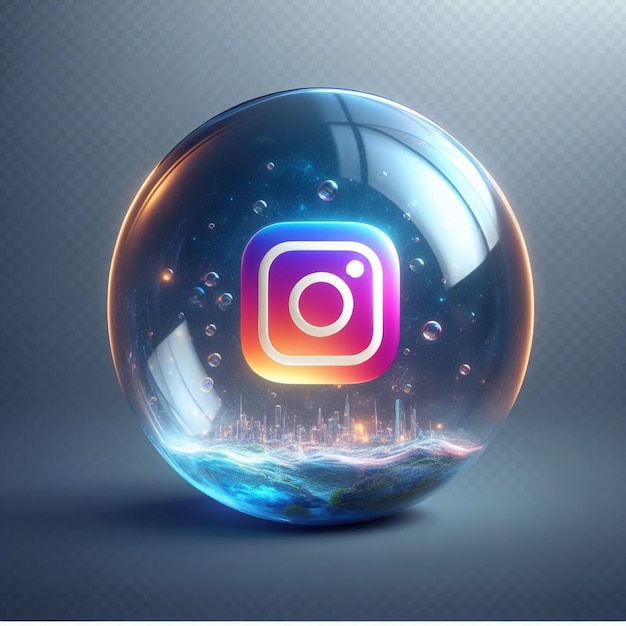 transparent glass bubble with instagram logo inside it isolated on transparent background