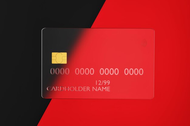 Transparent glass credit card on red and black background. Bank cards mock up, 3d illustration. Online shopping and digital money concept