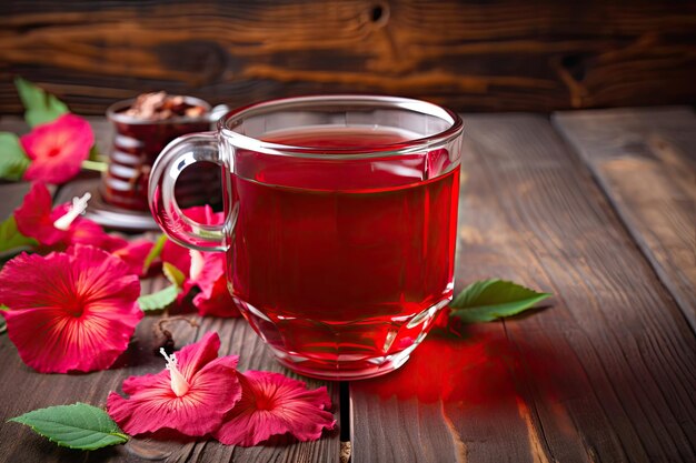 Photo transparent glass cup with red hibiscus tea on a wooden table with fresh sudanese rose flowers