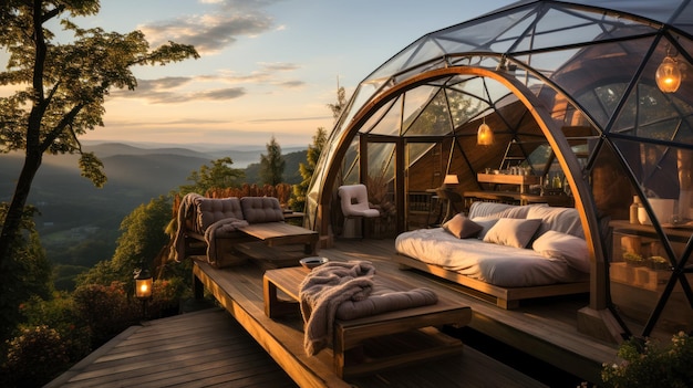Transparent glass dome in nature valley view glamping idea with copy space