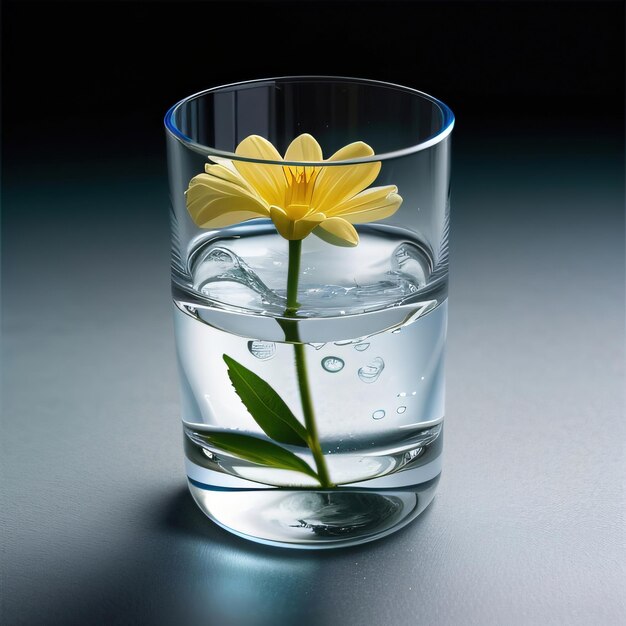 Transparent glass flower vase with water and yellow flower