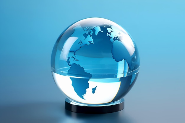 Transparent glass globe on stand on blue background Education concept