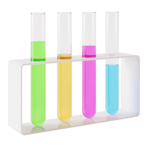 Transparent glass laboratory tube. Test tube filled with liquid on a white background. 3D rendering.