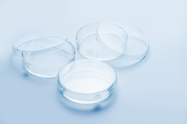 Transparent glass Petri dishes on blue