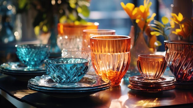 transparent glass retro dish colorful tableware ai