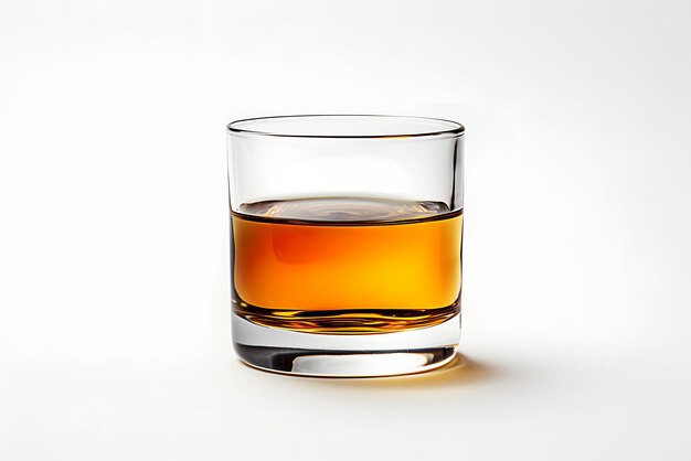 Transparent glass of scotch whiskey or cognac isolated on white background close up