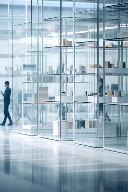 Transparent glass shelves background in store storage room or office Blurred people on background