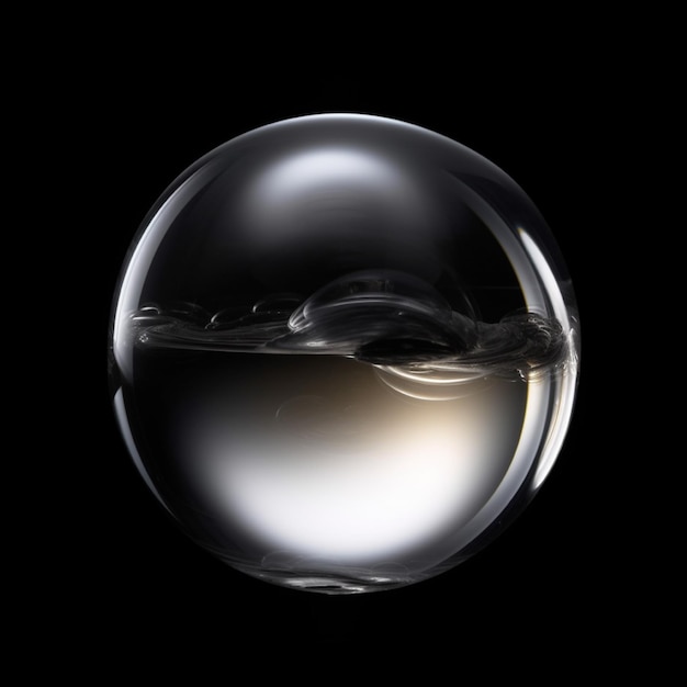 Transparent glass sphere with water on black background 3d illustration