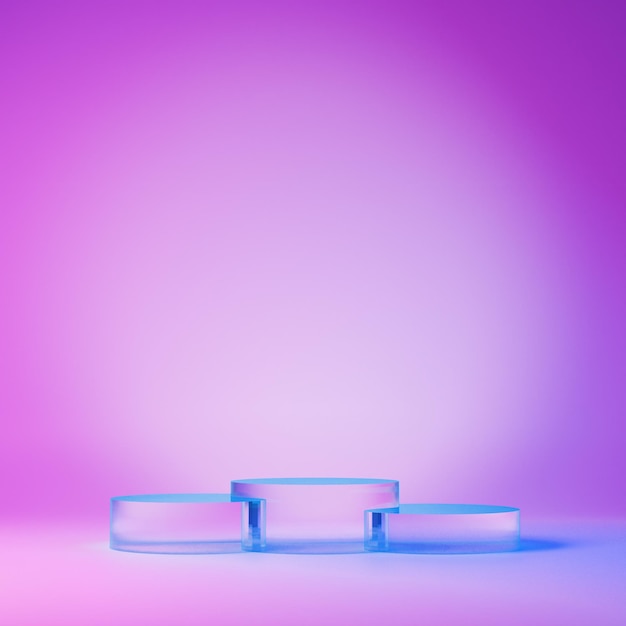 Transparent glass stage on violet neon bacground