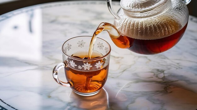 Transparent glass teapot pours tea in glass mug on marble table