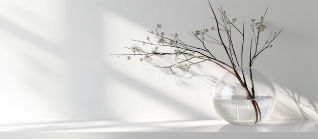 Transparent glass vase with branches on white background and natural light