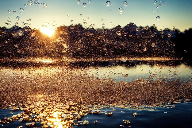 Foto vetro trasparente con bollicine di champagne sullo sfondo di un romantico tramonto