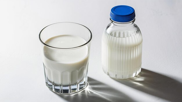 Photo transparent glass with fresh organic milk near plastic riffled blank bottle with blue cap isolated