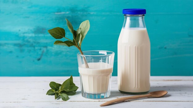 Photo transparent glass with fresh organic milk near plastic riffled blank bottle with blue cap isolated