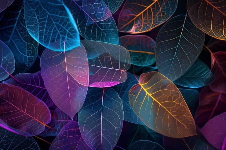 Transparent glowing neon leaves against dark background with bokeh effect