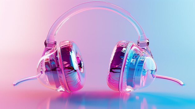 Photo transparent headphones with a pink and blue gradient on a pink and blue background