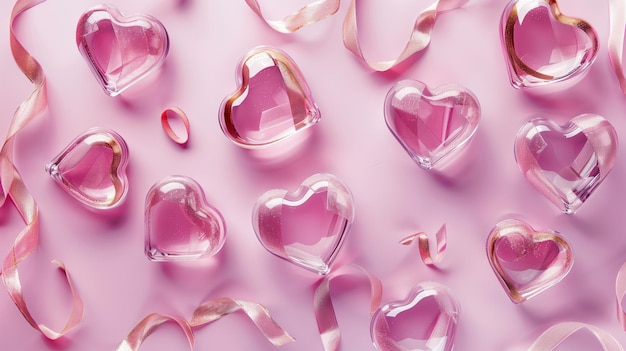 사진 투명 한 심장 모양 의 물체 와 분홍색 배경 에 있는 장미 금 리본