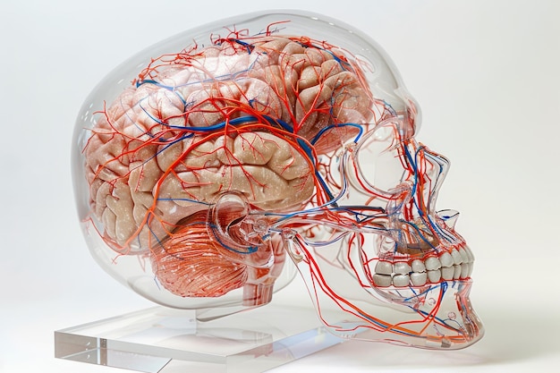 Photo transparent human skull model showcasing detailed brain anatomy and circulatory system for