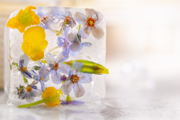中に凍った花が入った透明な角氷