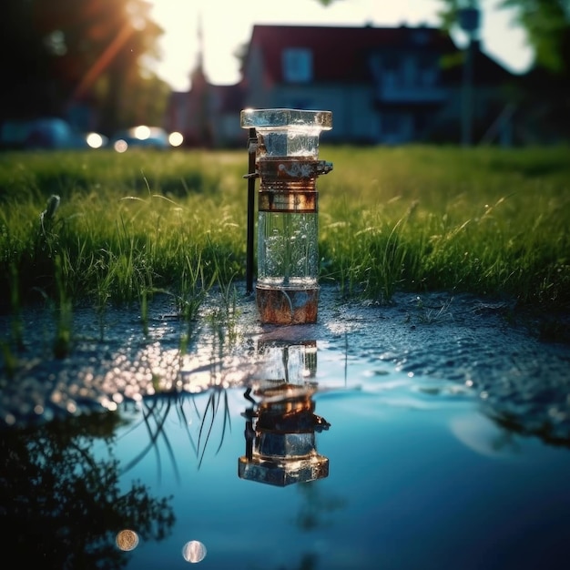 a transparent jet of water from a tap on the street