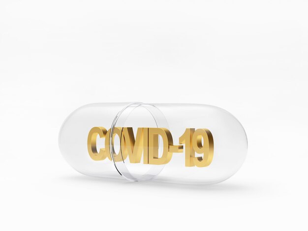 Transparent medical capsule with Covid-19 icon inside