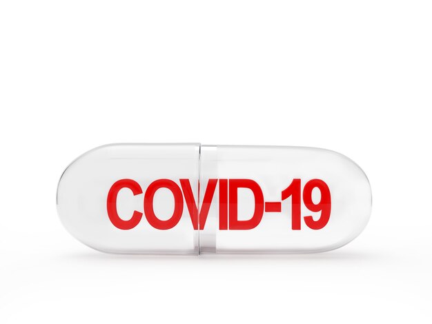 Transparent medical capsule with red Covid-19 icon