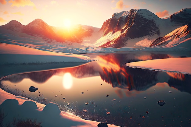 Transparent mountain lake against background of sun setting behind snowy hills