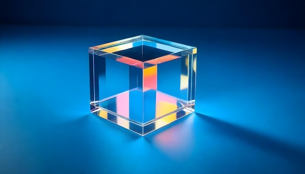 Photo a transparent multicolored cube refracting light on a blue background with a reflective surface