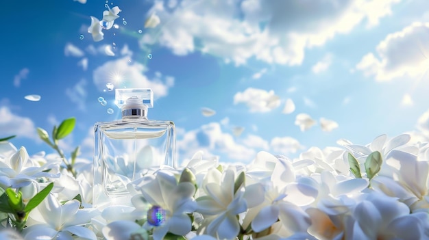 Photo a transparent perfume bottle alongside white gardenia flowers