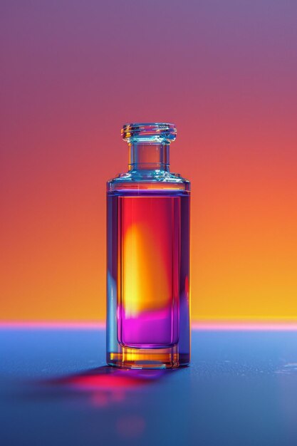Прозрачная бутылка с парфюме, освещенная яркими оттенками заката, излучающая ауру изысканности