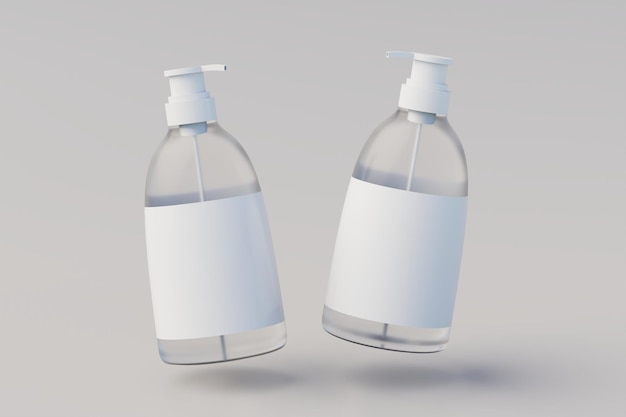 透明なプラスチック ポンプ ボトル モックアップ液体石鹸シャンプー ディスペンサー 2 本のボトル 3 D レンダリング