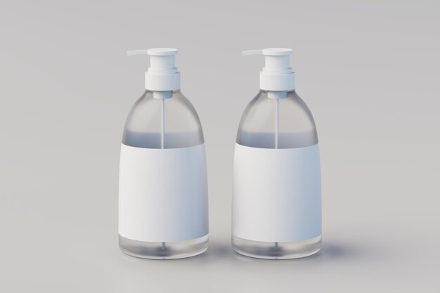 사진 투명한 플라스틱 펌프 병 모의 액체 비누 샴푸 디스펜서 두 병 3d 렌더링