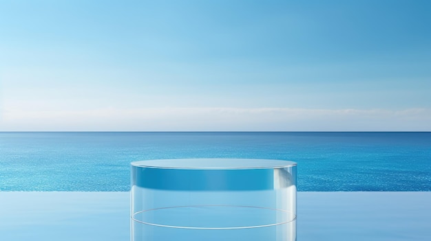 Transparent podium in blue water background with empty space mockup image