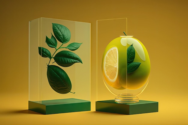 A transparent podium and a front view of a lemon against a green background