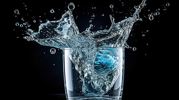 Photo transparent pure water splashes out of glass on black background ai generated image