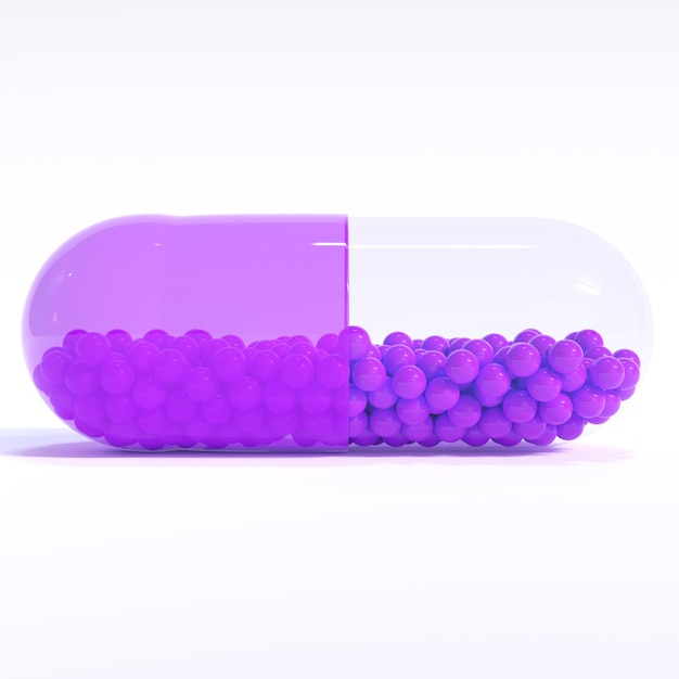 Transparent Purple Capsule With Granules With White Background