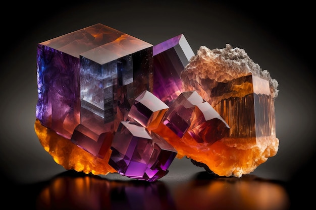 Transparent purple fluorite and orange manganite crystals on black background