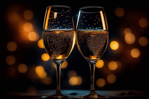 Transparent realistic two glasses of champagne and confetti, for dark background, isolated.