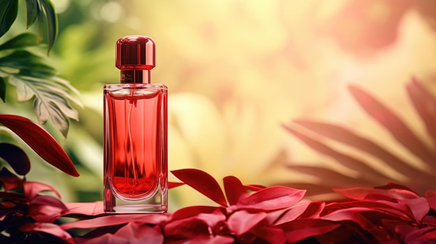 Photo transparent red glass perfume bottle mockup with plants on background mockup