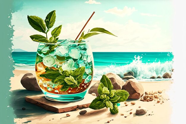 Foto cocktail da spiaggia rinfrescante trasparente con foglie di menta sullo sfondo della riva del mare