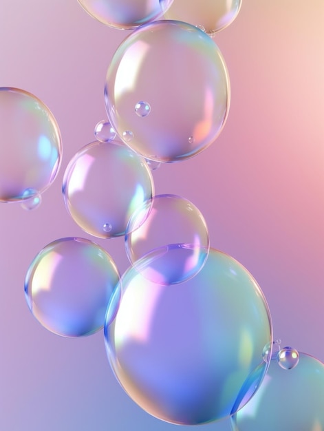 Transparent soap bubbles floating on blue pink gradient background created with generative ai technology