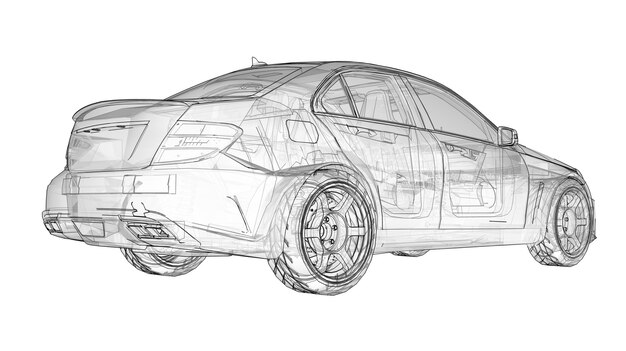 사진 투명한 초고속 스포츠카는 흰색 배경에 선을 그렸습니다. 체형의 세단. 튜닝은 일반 가족용 자동차의 버전입니다. 3d 렌더링
